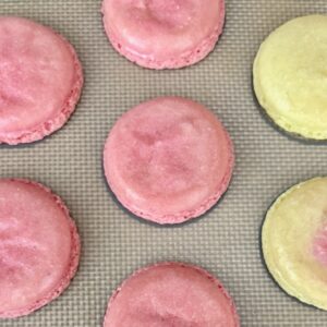 Oily wrinkled soft macaron shells caused by oily almond flour from oily macaron troubleshooting blog post